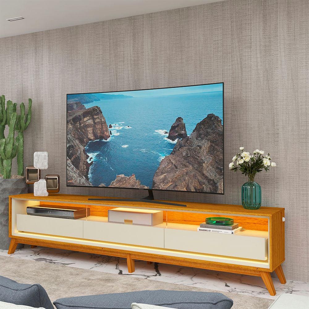 Rack Para Tv Até 75 Requinte 260 Com Led E Pés Naturale Off White - Gelius