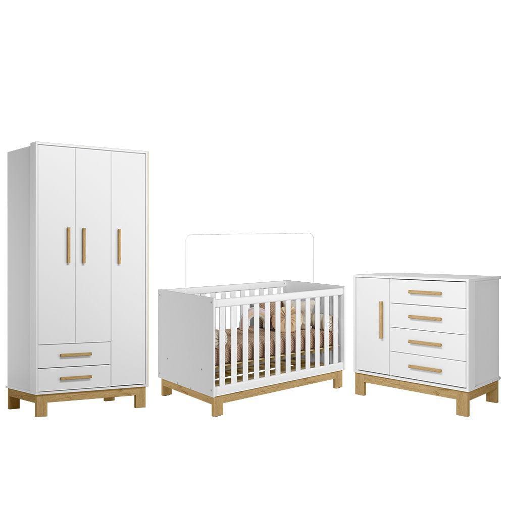 Kit Guarda Roupa com Cômoda Sapateira Infantil e Berço Mini Cama Encantado Q01 Branco Clique Chique