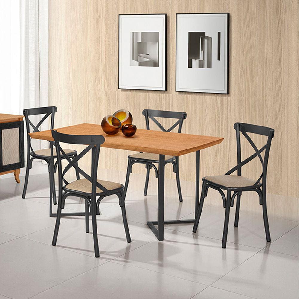 Conjunto Mesa Madeira Maciça Alice 1,20m com 4 Cadeiras Aço Karina Preto