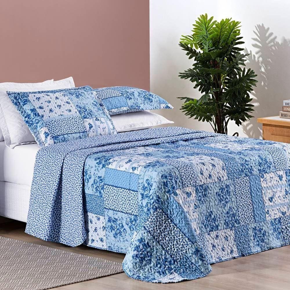 Colcha Estampada Dupla Face Bouti Casal 03 Peças - Azul Sereno
