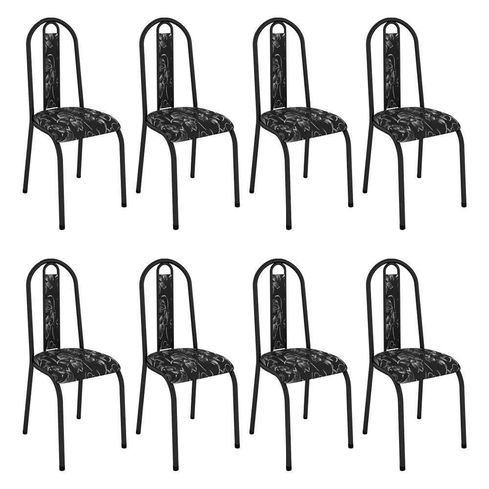 Kit 8 Cadeiras De Cozinha Arizona Estampado Preto Florido Pés De Ferro Preto - Pallazio