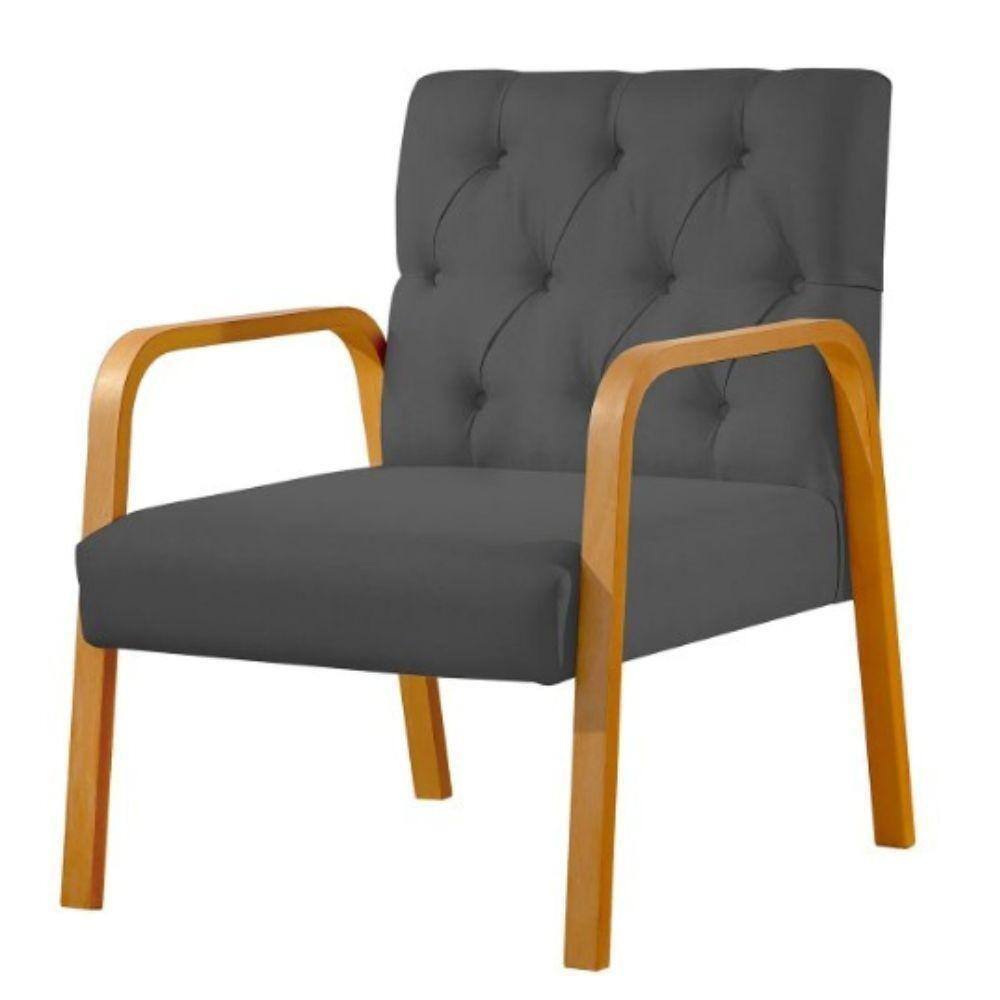 Poltrona Ellie Veludo Preto Com Capitonê E Base Madeira