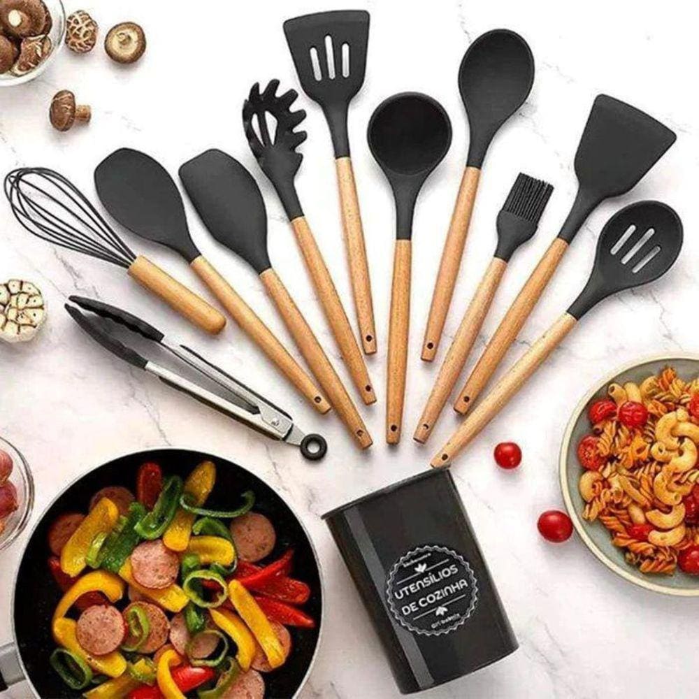 Kit C/12 Utensílios De Cozinha Silicone Cabo Madeira PRETO