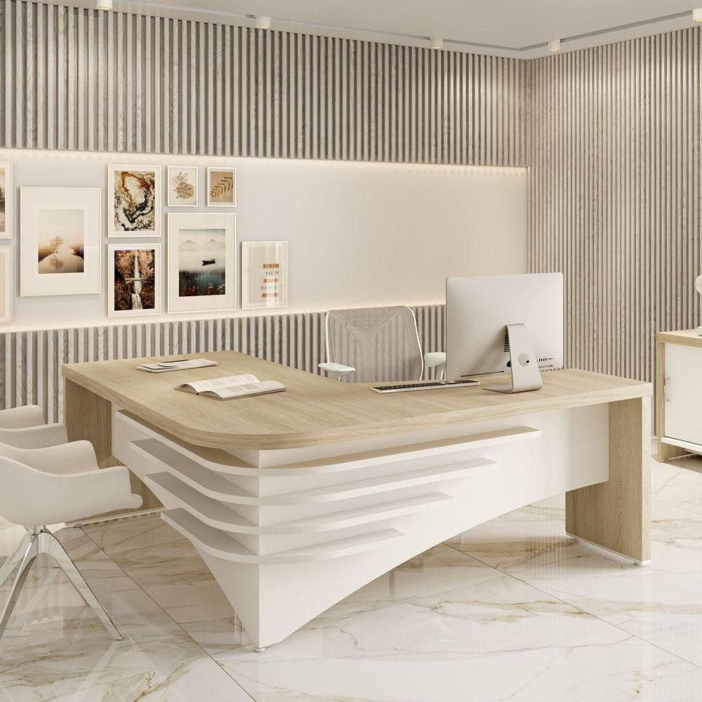 Mesa para Escritório em L Diretor em Tamburato Artany Carvalho/Branco
