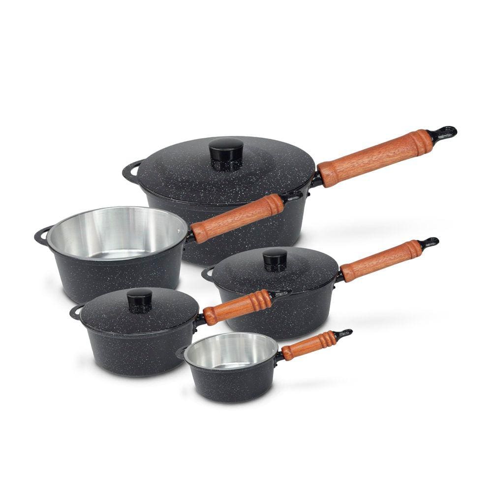 Panela Fundida Alumínio Batido 5 Peças Cabo de Madeira Tampa Fundida - Preto