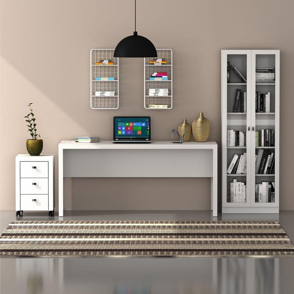 Conjunto Home Office 3 Peças com Escrivaninha, Armário e Gaveteiro Espresso Móveis Branco Branco