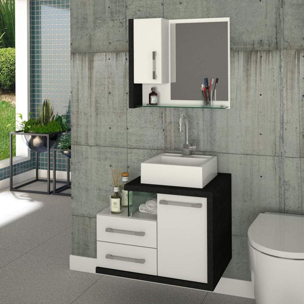 Gabinete para Banheiro 1 Porta 2 Gavetas com Cuba Q35 e Espelheira Legno 650W Espresso Móveis Branco/Preto Onix