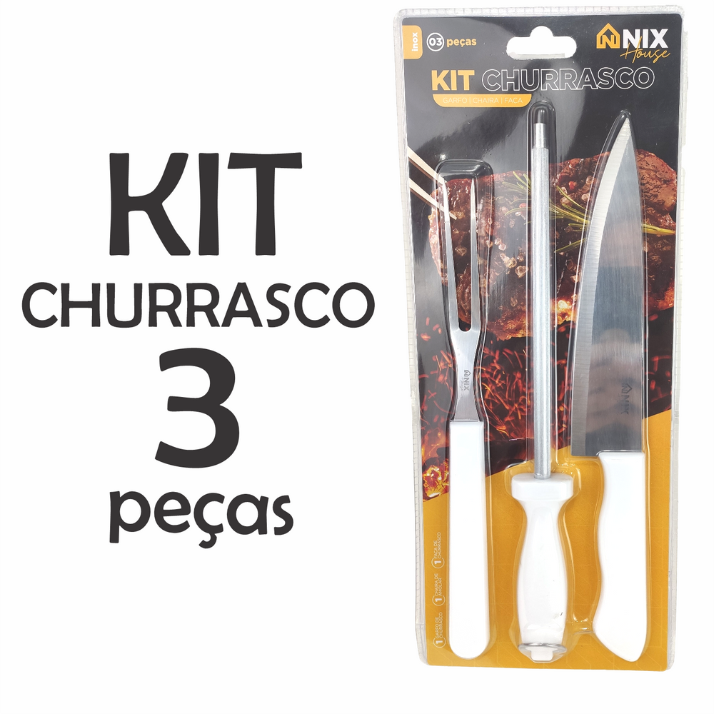 Kit Churrasqueiro Faca De Corte Churrasco Garfo Trinchante Chaira Afiador Aço Inox Cabo Branco