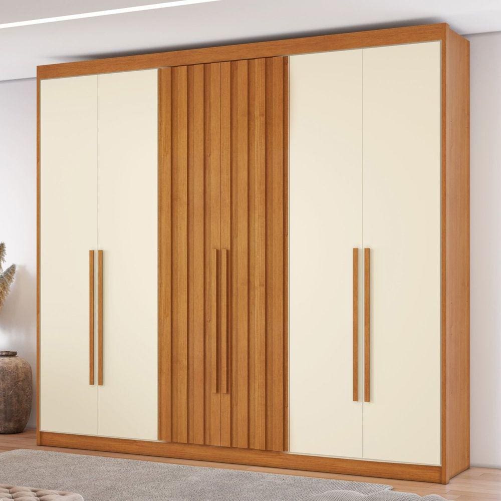 Guarda Roupa 6 Portas com 2 Portas Ripadas 8 Gavetas Grécia Cinamomo/Off White