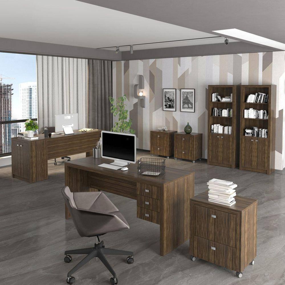Conjunto Home Office 8 Peças com 2 Mesas, 3 Gaveteiros, 2 Estantes e 1 Balcão Espresso Móveis Nogal