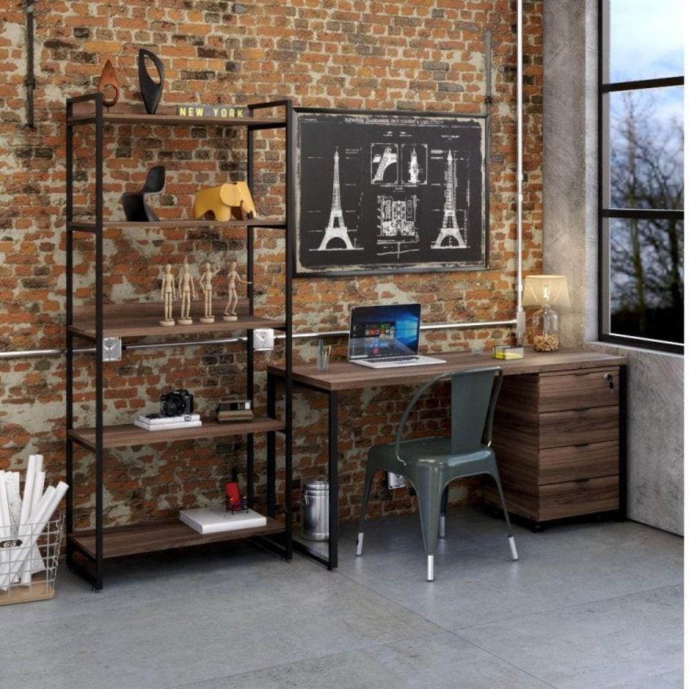 Escrivaninha com Estante e Gaveteiro Industrial Kuadra Compace Nogal