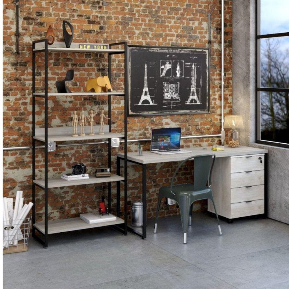 Escrivaninha com Estante e Gaveteiro Industrial Kuadra Compace Snow