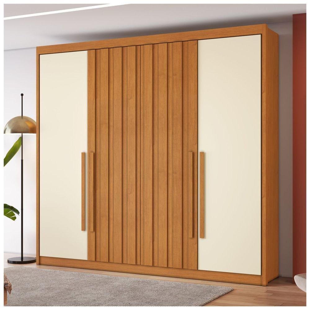Guarda-roupa Casal 4 Portas com 2 Portas Ripadas 4 Gavetas Grécia Cinamomo/Off White