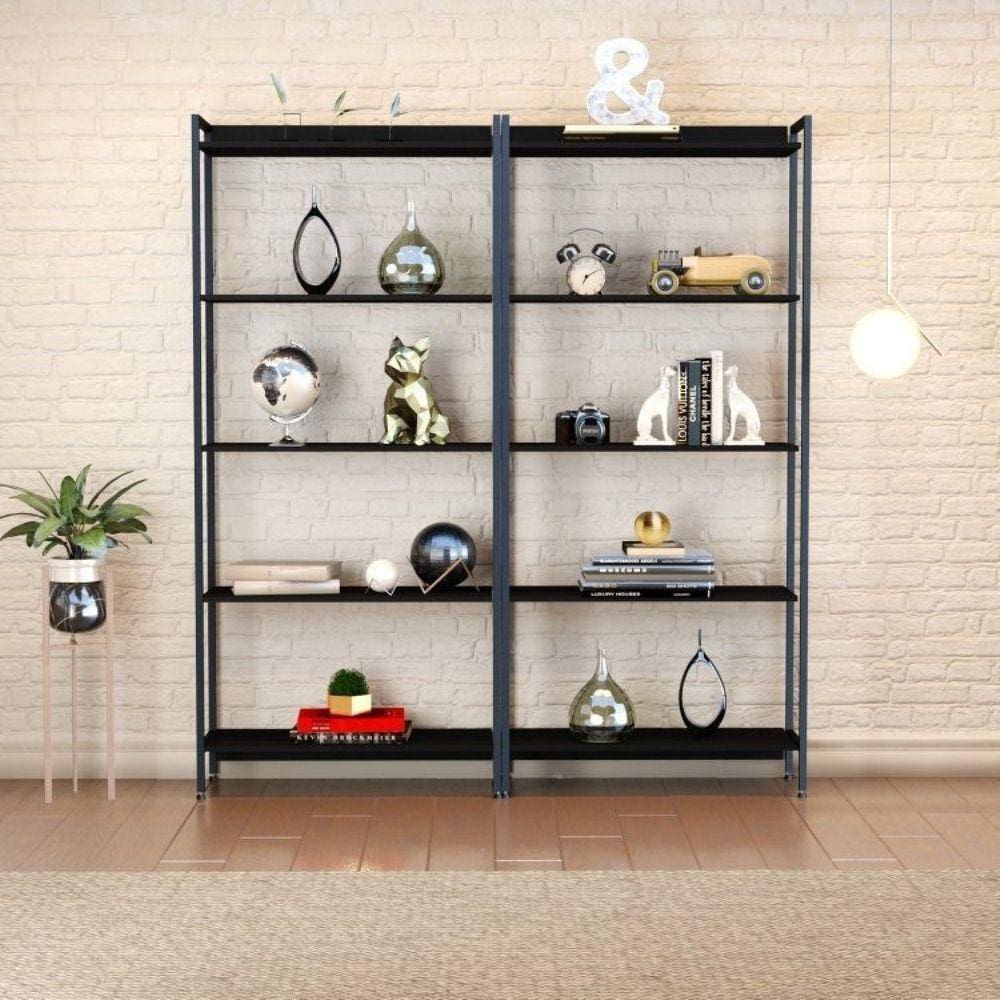 Conjunto 2 Estantes para Livros Altas Industrial Aço 5 Prateleiras 187x80cm Active Yescasa Preto Onix