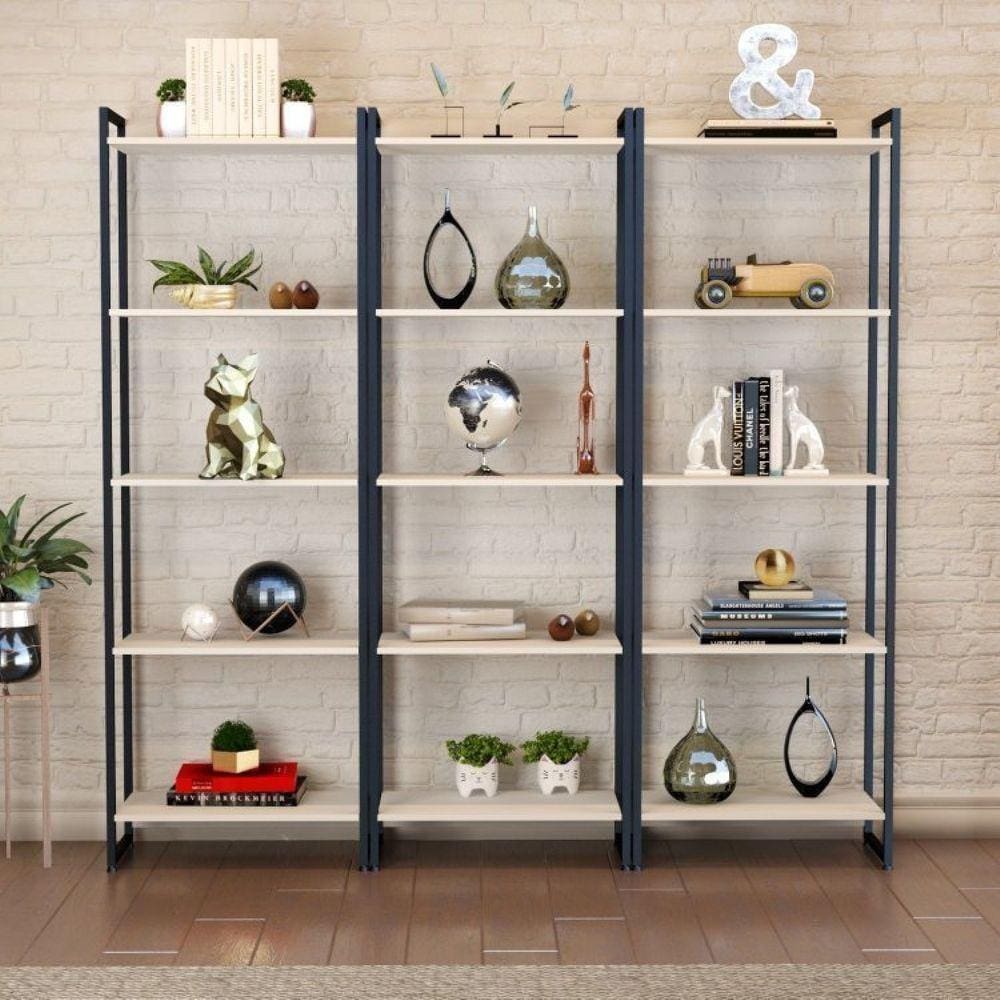Conjunto 3 Estantes para Livros Altas Industrial Aço Multiuso 187x60cm Active Yescasa Branco Chess