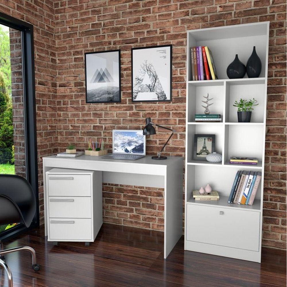 Conjunto Home Office Escrivaninha Gaveteiro 3 Gavetas Livreiro 6 Nichos 1 Porta B31 Nova Mobile Branco