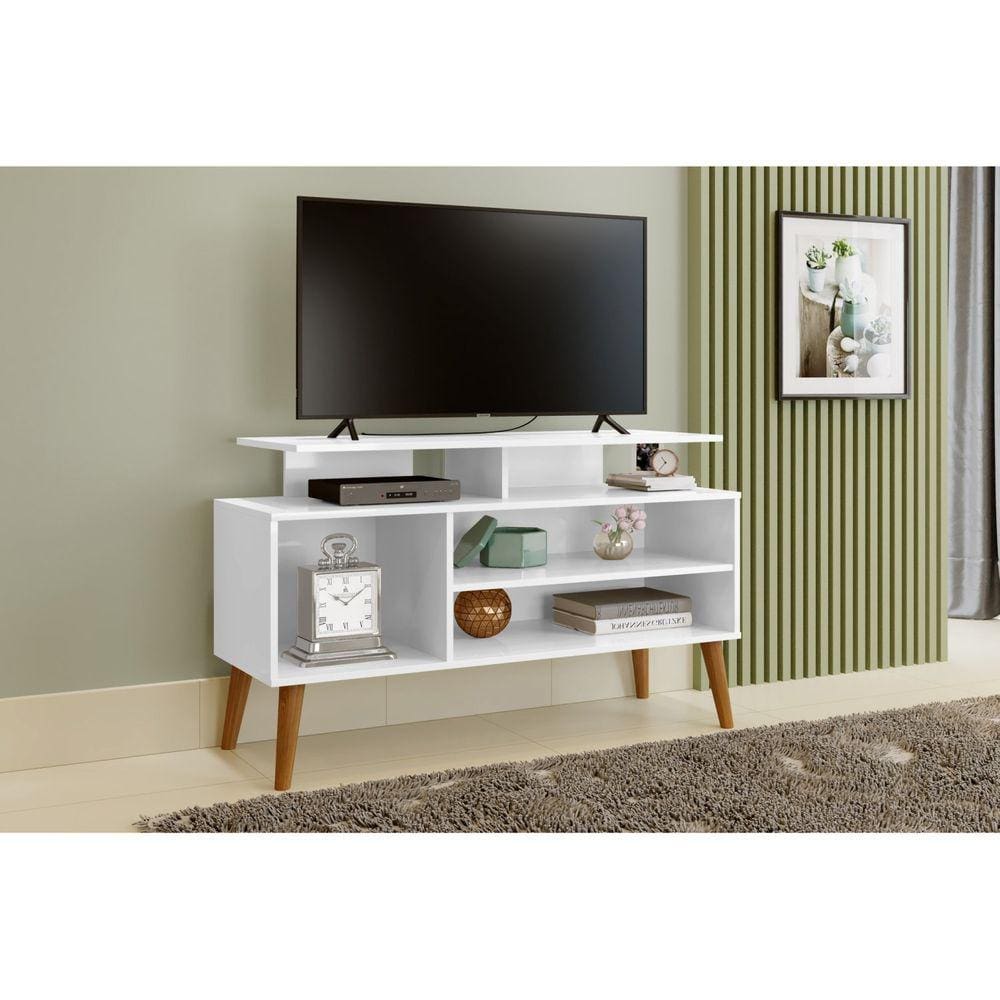 Rack para TV até 42 Polegadas Pés Madeira Retrô Lyon Carmolar Branco