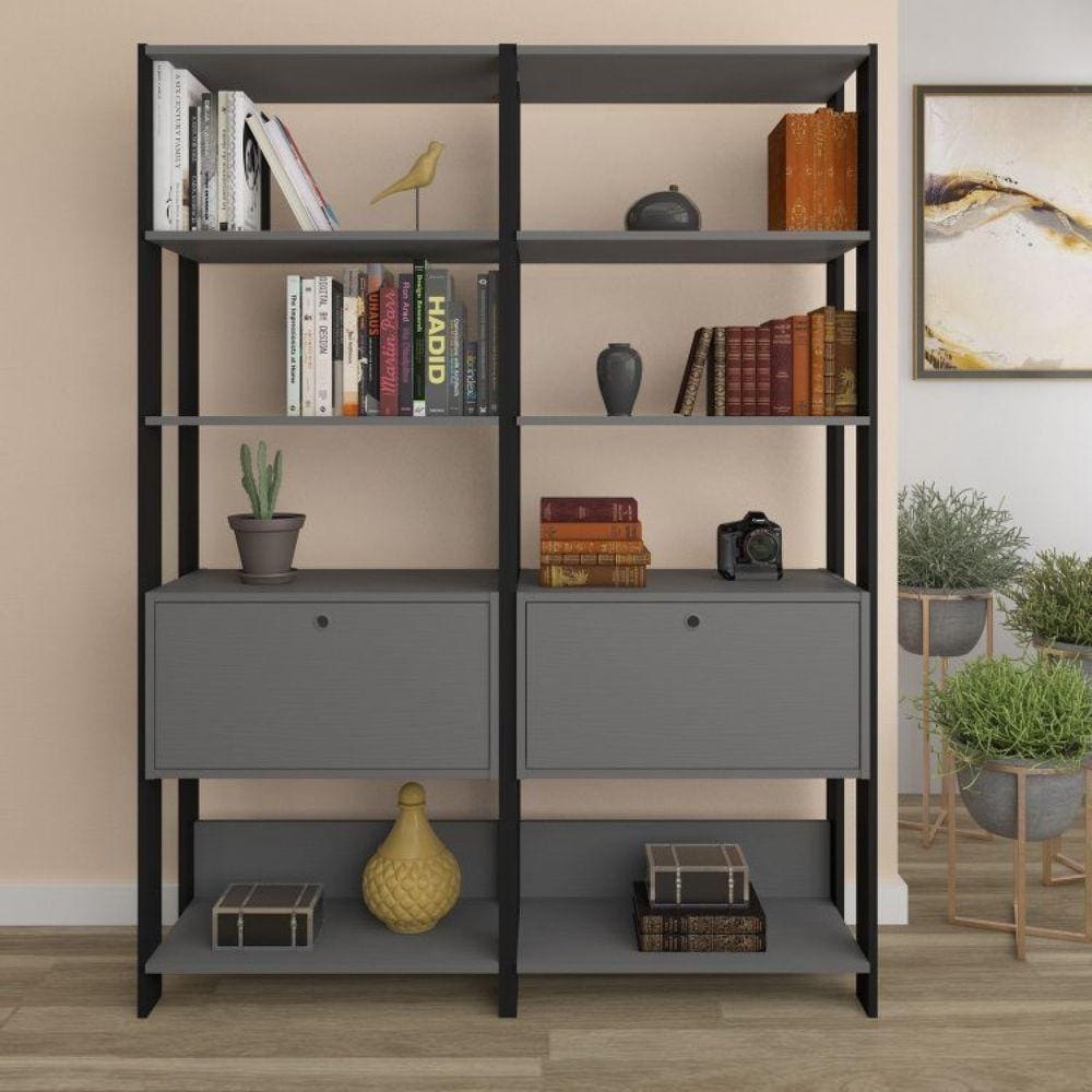 Conjunto 2 Estantes para Livros 1 Porta Match Espresso Móveis Preto/Grafite