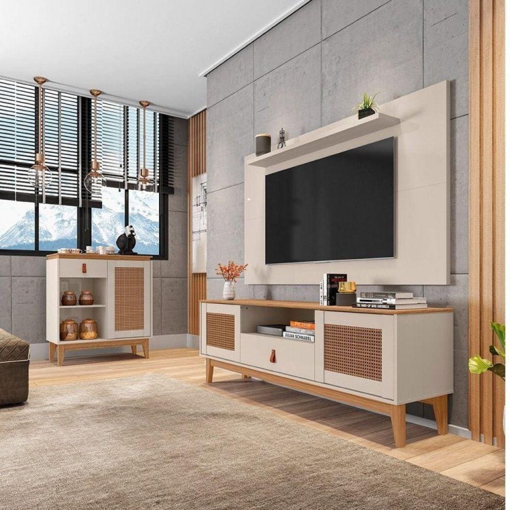 Conjunto Rack com Painel para TV até 60 Polegadas Retrô Esmeralda Aparador Rubi Casa D Off White/Noce