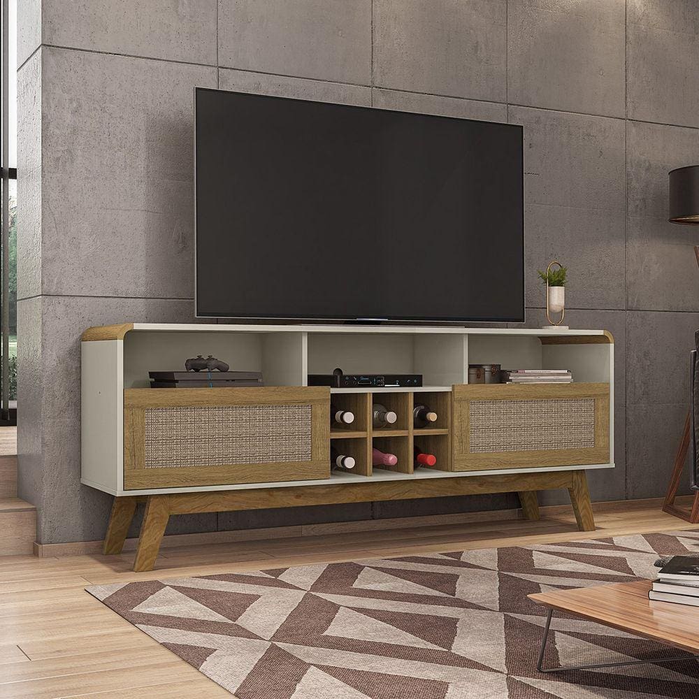 Rack para TVs até 65 Polegadas 2 Portas 3 Nichos com Adega Larimar Móveis Bechara Off-White/Cinamomo/3D Rattan