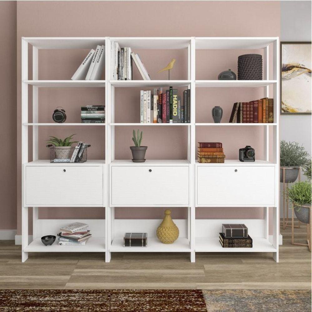 Conjunto 3 Estantes para Livros Industrial 1 Porta MDP Match Espresso Móveis Branco