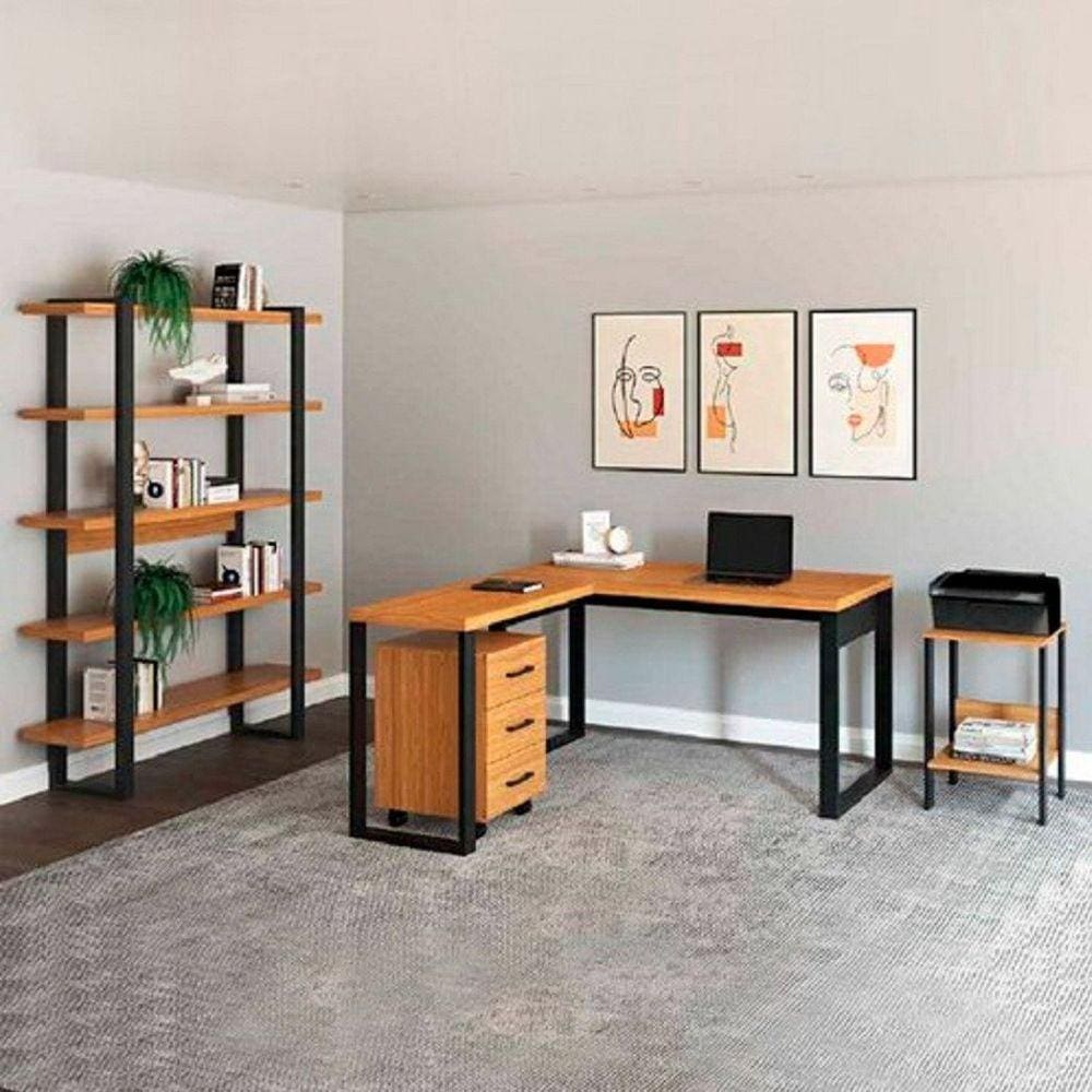 Conjunto Home Office 4 Peças com 1 Escrivaninha em L, 1 Mesa, 1 Gaveteiro e 1 Estante Pradel Móveis Preto/Freijó