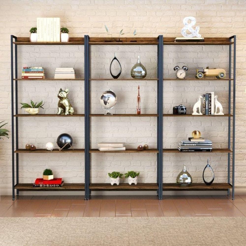 Conjunto 3 Estantes para Livros Altas Industrial Aço Multiuso 187x80cm Active Yescasa Carvalho Dark