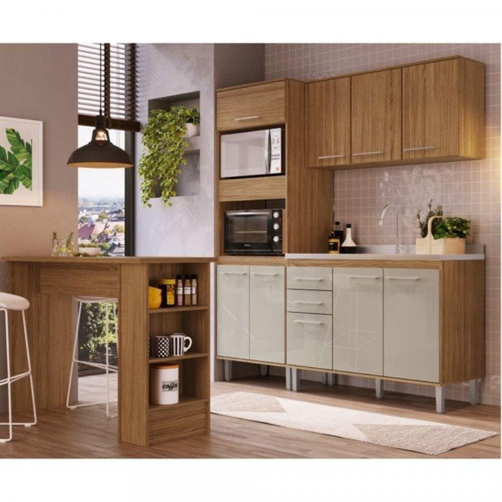 Cozinha Compacta 4 Peças com 1 Bancada, 1 Paneleiro, 1 Armário Aéreo e 1 Balcão Gaia Decibal Marromle/Cristalo