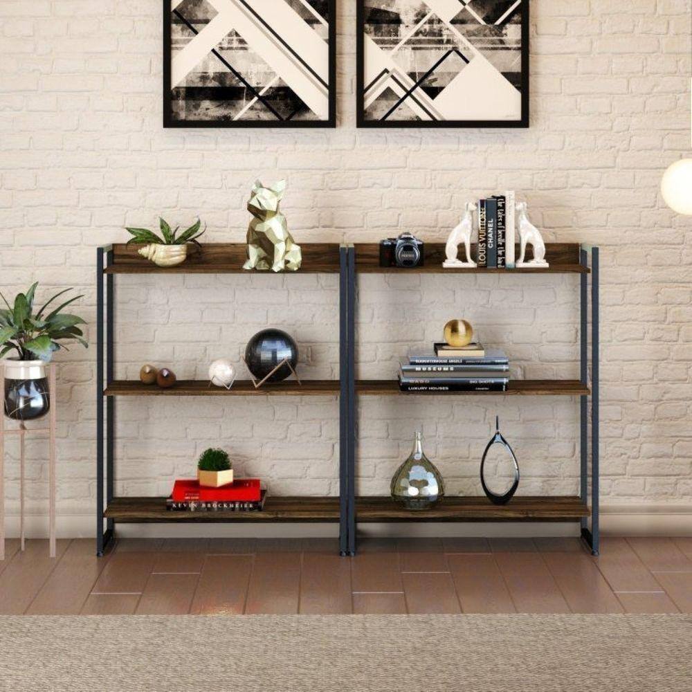Conjunto 2 Estantes para Livros Baixas Industrial Aço 3 Prateleiras 104x80cm Active Yescasa Carvalho Dark