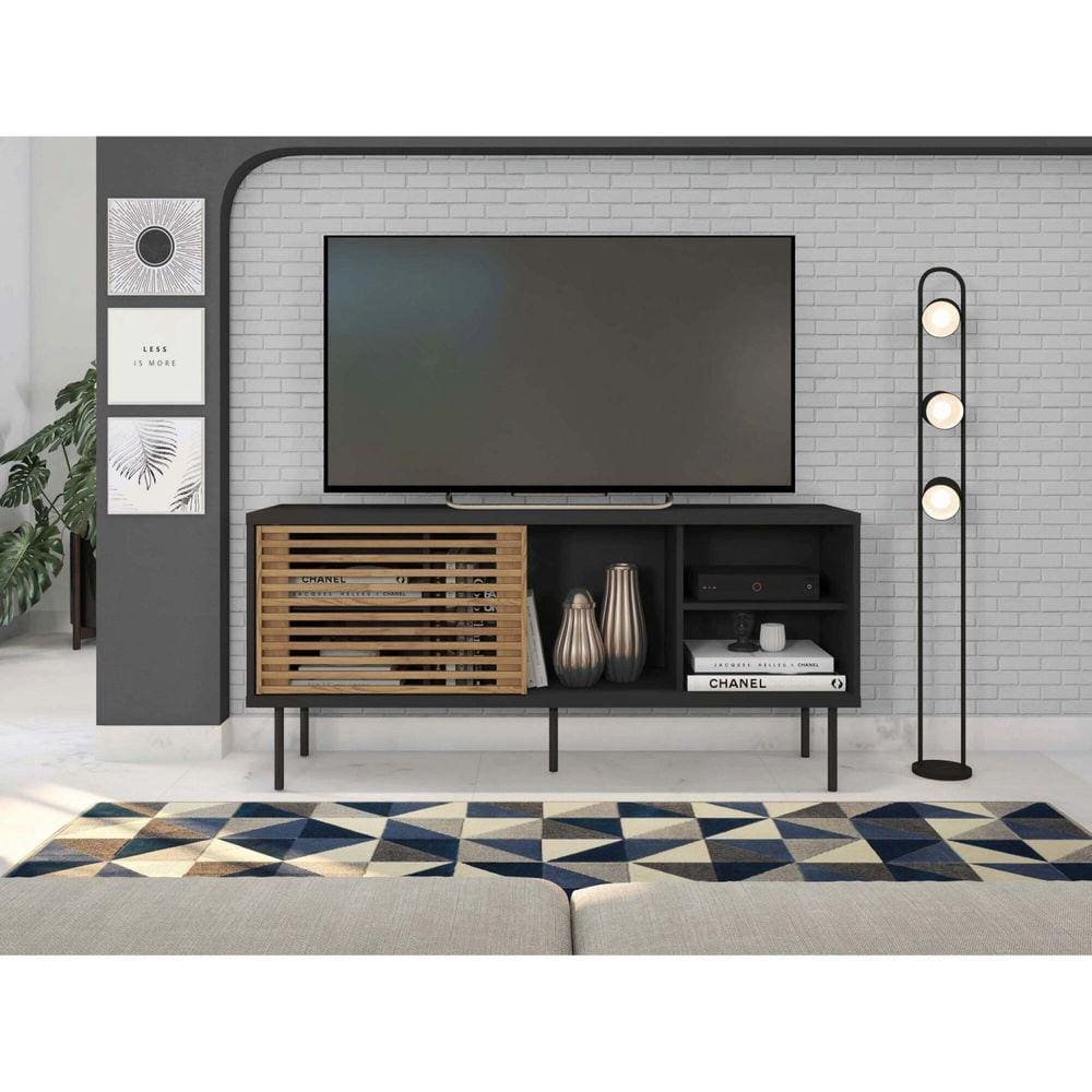 Rack para TV até 55 Polegadas Industrial 136cm em BP Porta Ripada Multiverso CabeCasa MadeiraMadeira Preto/Buriti