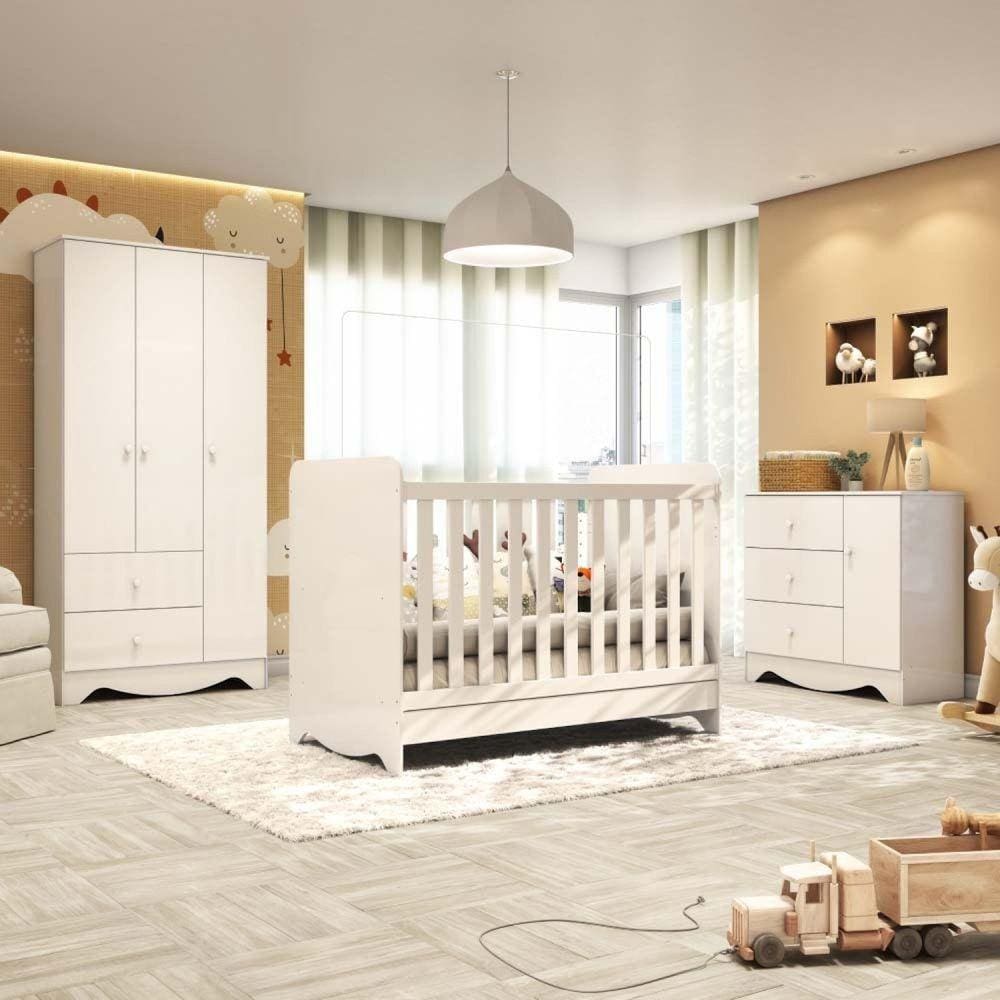 Quarto de Bebê Completo com Guarda Roupa Cômoda e Berço Americano 3 em 1 Pirueta Espresso Móveis Branco Brilho