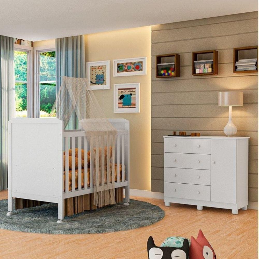 Quarto de Bebê com Cômoda 1 Porta e Berço Mini Cama 100% MDF Ciranda Móveis Peroba Branco Brilho