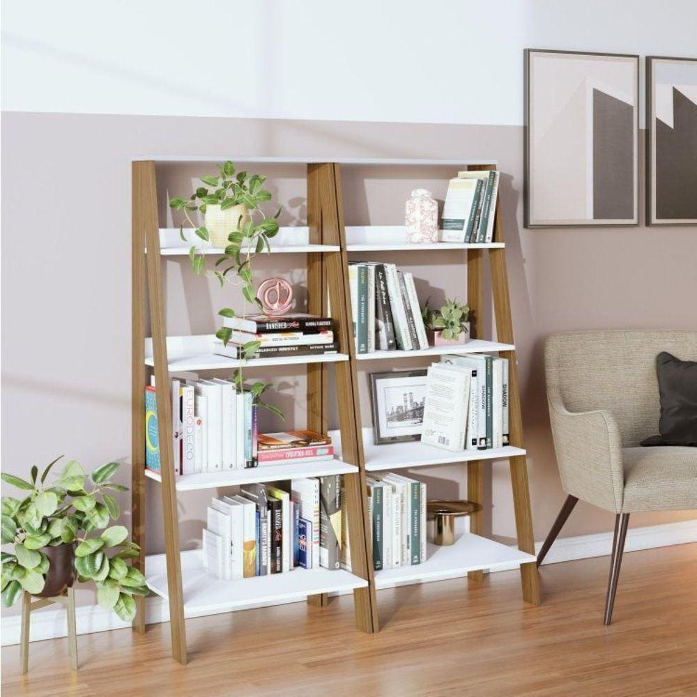 Conjunto de 2 Estantes para Livros Escada Biblioteca 140x61cm 4 Prateleiras Tok Yescasa Branco Neve/Noce Milano