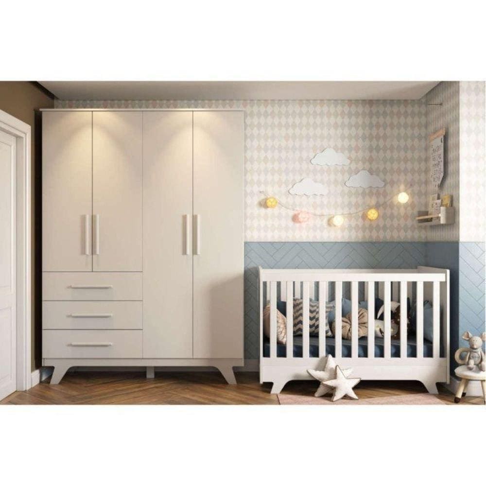 Quarto de Bebê Completo com Berço e Guarda Roupa 100% MDF Jolie Retrô Branco/Brilho