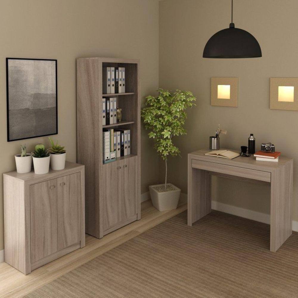 Conjunto Home Office 3 Peças Mesa, Estante 2 Portas e Balcão 2 Portas Espresso Móveis Carvalho