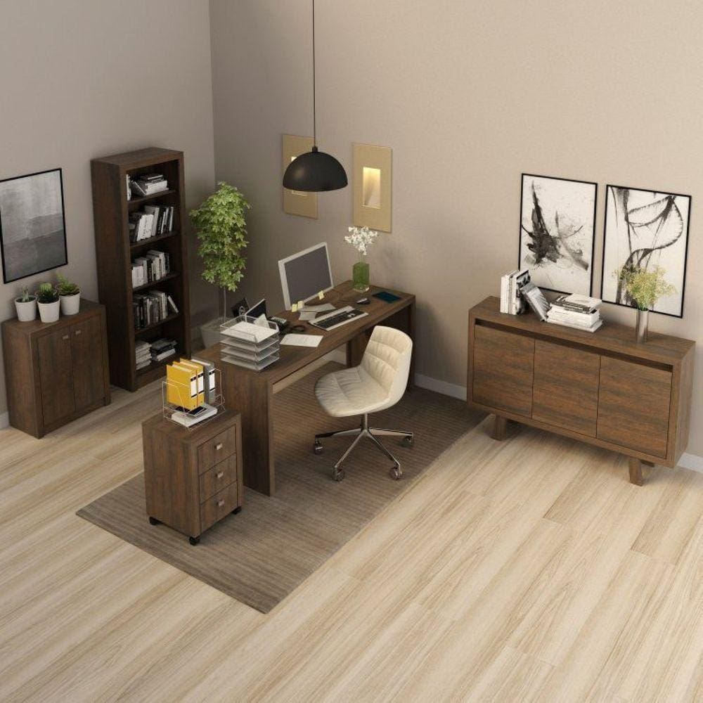 Conjunto Home Office Mesa, Gaveteiro, Estante, Balcão 2 Portas e Balcão 3 Portas Espresso Móveis Rústico
