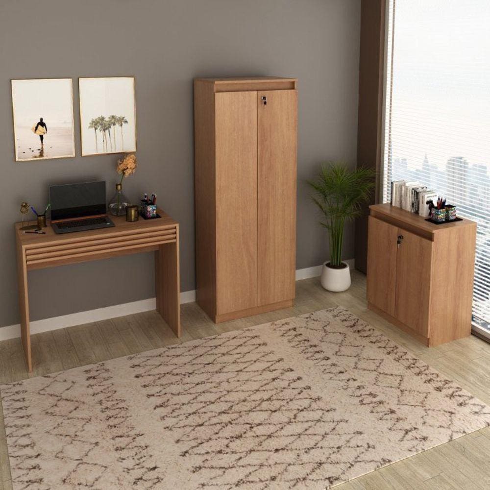 Conjunto Home Office 3 peças 1 Mesa para Escritório com Gaveta 1 Armário e 1 Balcão Espresso Móveis Amendoa