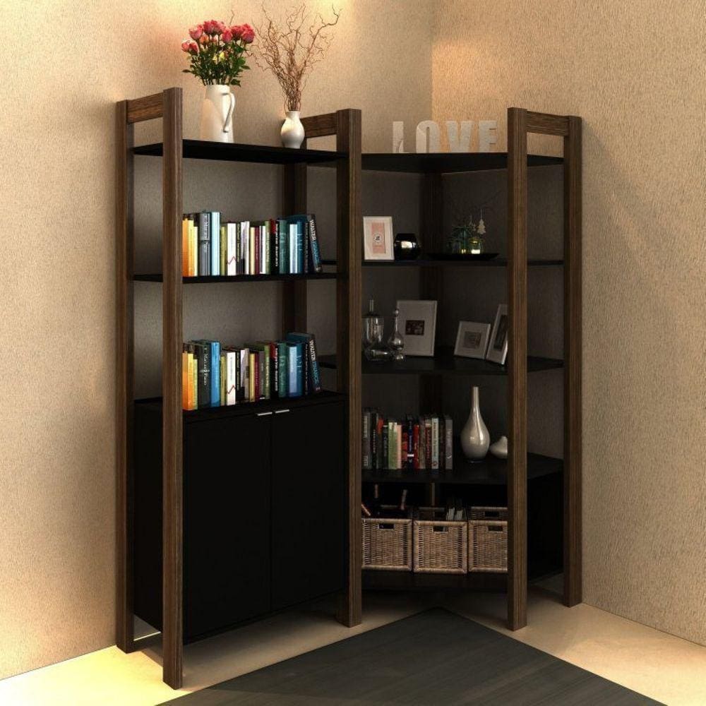 Conjunto 2 Estantes para Livros AZ Biblioteca de Canto 2 Portas Premium Espresso Móveis Preto/Nogal