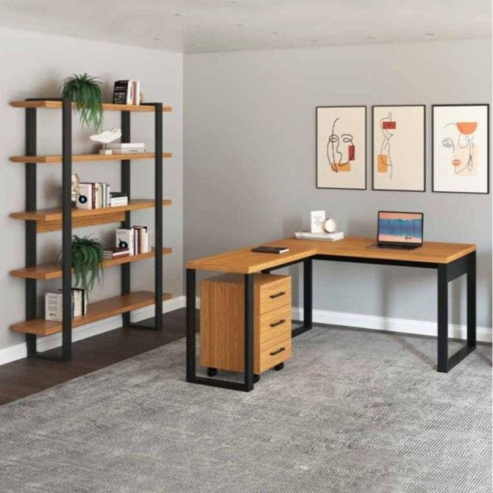 Conjunto Home Office 3 Peças 1 Escrivaninha em L 1 Gaveteiro e 1 Estante Industrial Pradel Móveis Preto/Freijó