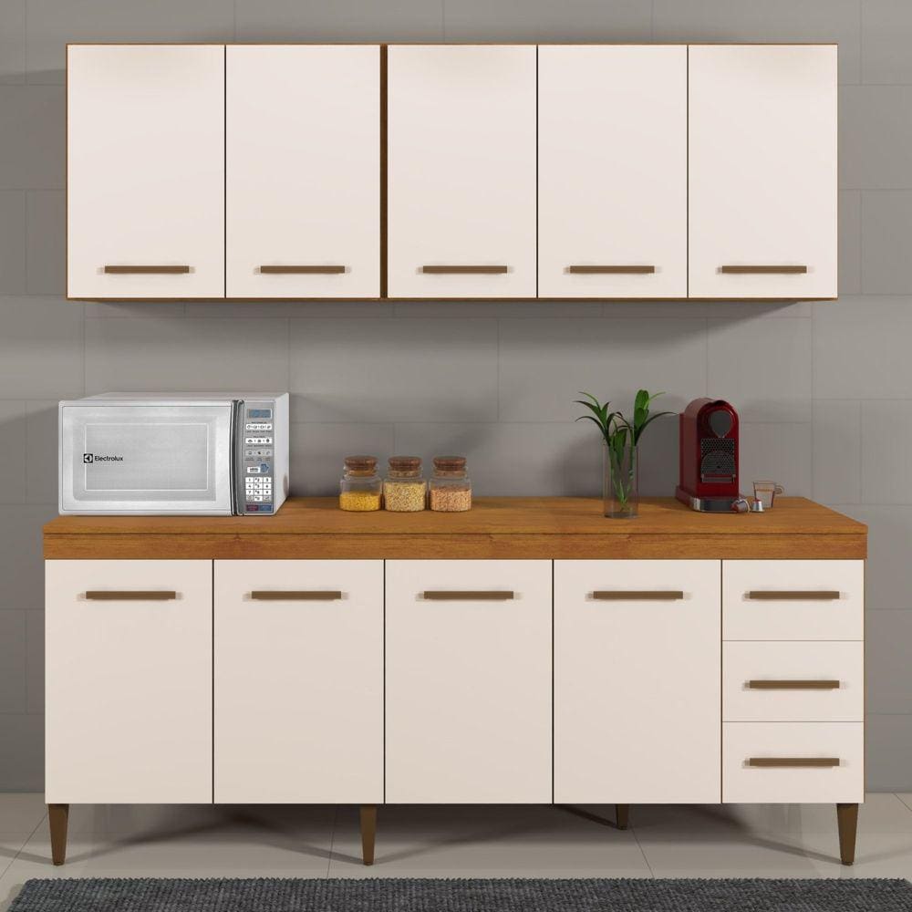 Cozinha Completa 9 Portas e 3 Gavetas Atenas Kaiki Móveis Marrom/Off White
