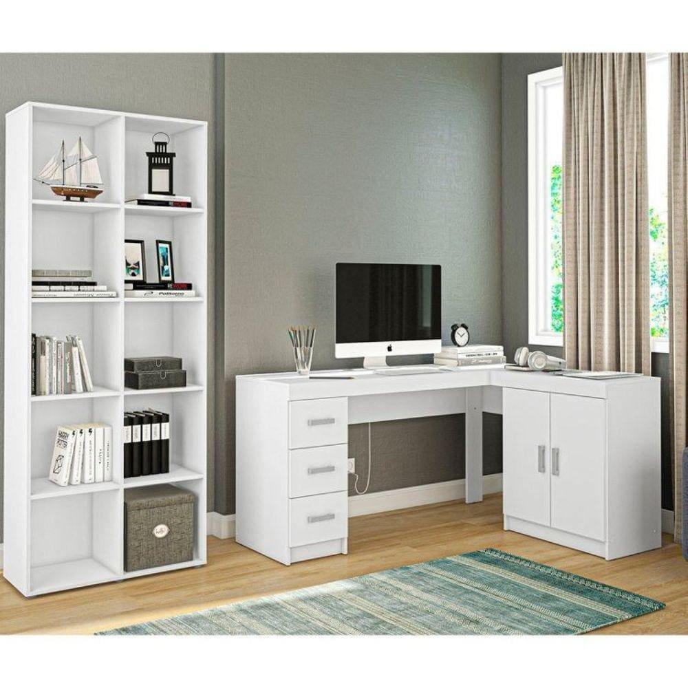Conjunto Home Office Escrivaninha com Armário Embutido 2 Portas 3 Gavetas e Estante Bagé Politorno Branco