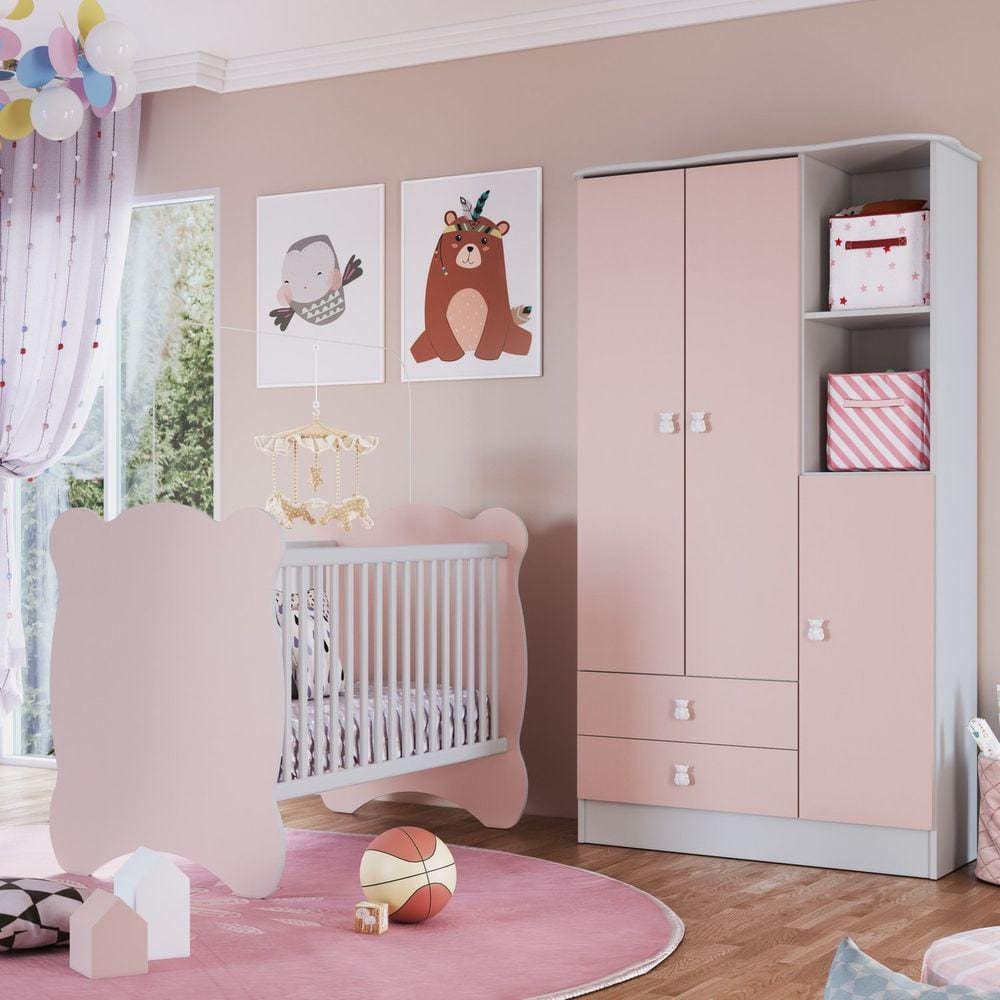 Quarto de Bebê Completo Berço com Guarda Roupa 3 Portas 2 Gavetas 2 Nichos Algodão Doce Móveis Perca Branco/Rosa