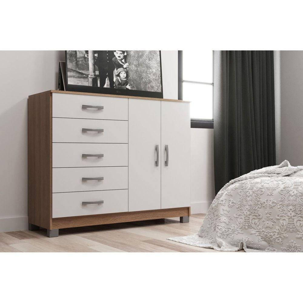Cômoda com Pés 2 Portas 5 Gavetas em Mdp Branco/Demolição