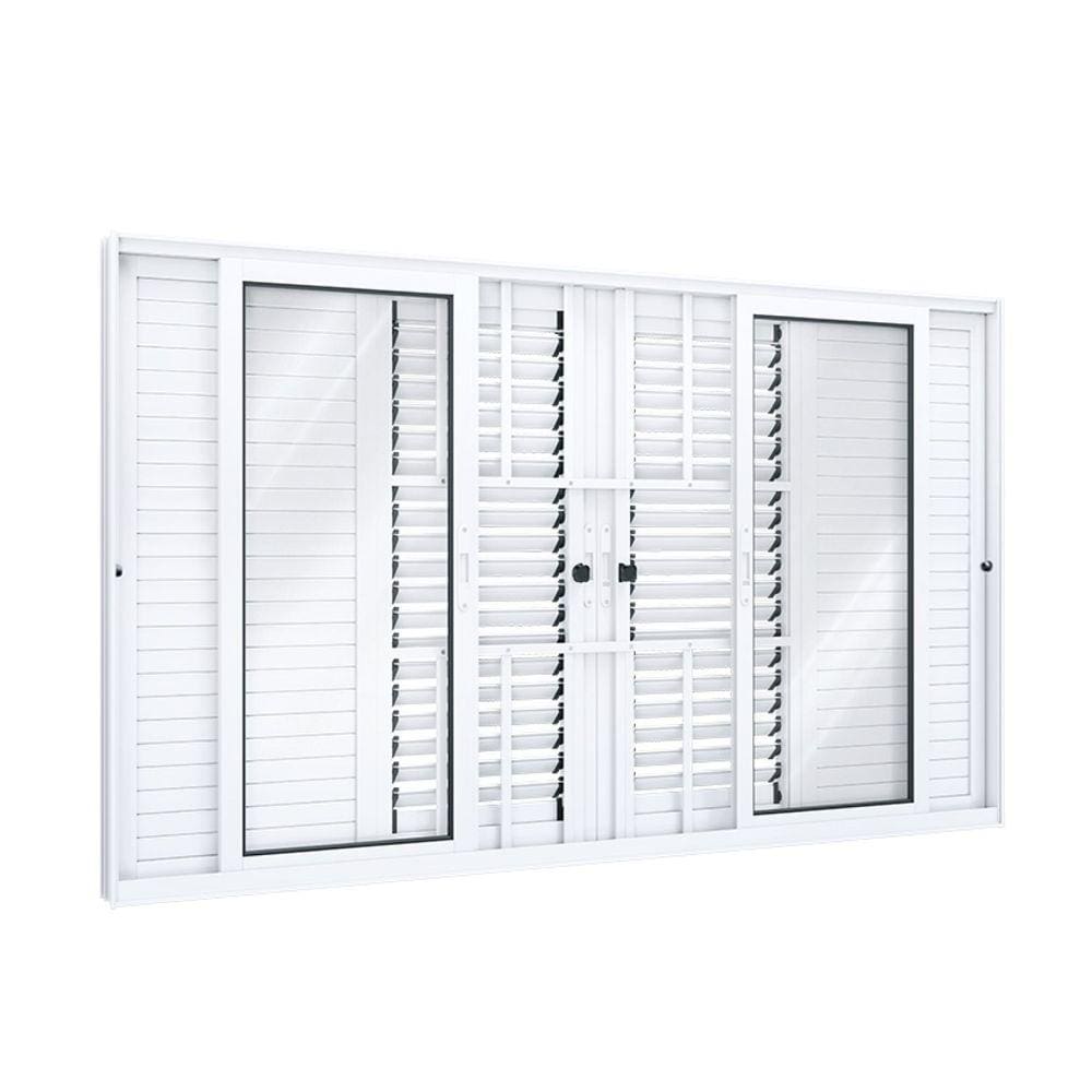 Janela Veneziana Alumínio de Correr Central Flex 4 Folhas Móveis e 2 Fixas com Grade Lucasa Eccellente  120cmx200cm Branco