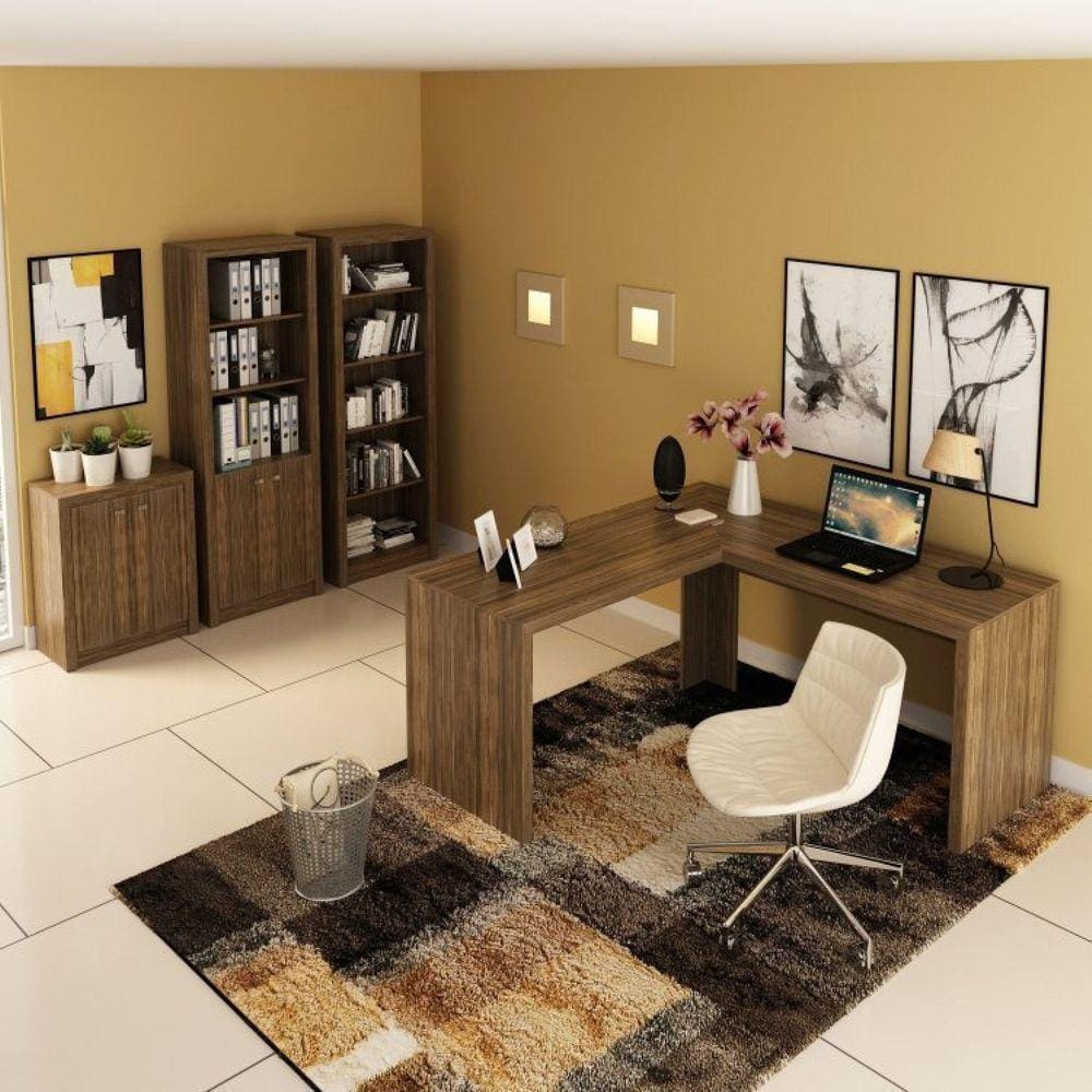 Conjunto Home Office 4 peças com 1 Escrivaninha em L, 2 Estantes e 1 Balcão Espresso Móveis Nogal