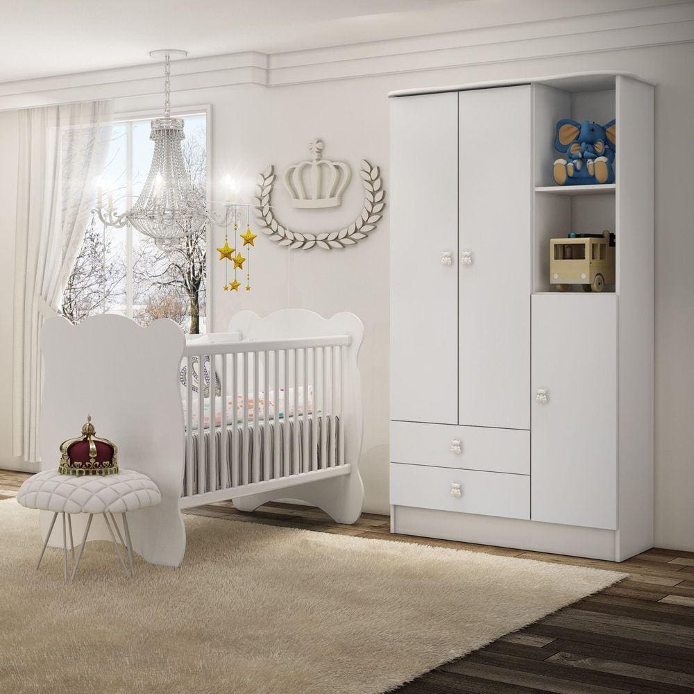 Quarto de Bebê Completo Berço com Guarda Roupa 3 Portas 2 Gavetas 2 Nichos Algodão Doce Móveis Perca Branco