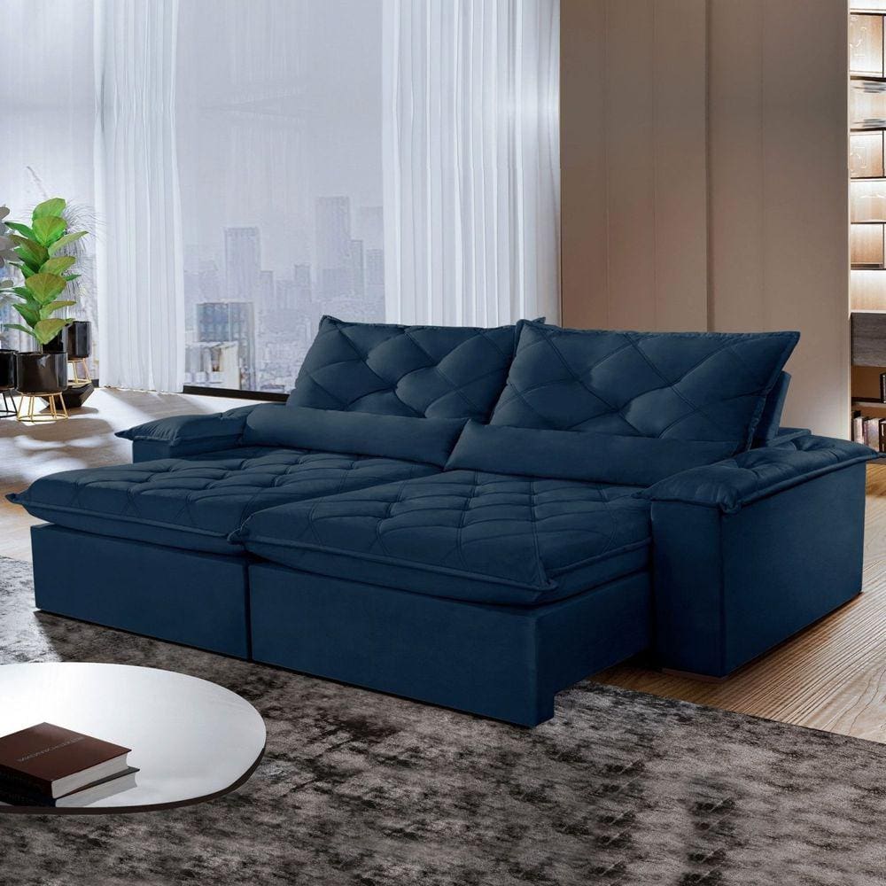 Sofá Retrátil e Reclinável 4 Lugares 240cm Diamond Super Pillow Montano Estofados Veludo Marinho