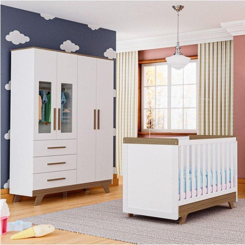 Quarto de Bebê Completo com Berço e Guarda Roupa com Janela em Acrílico 100% MDF Jolie Retrô Branco Brilho/Carvalho