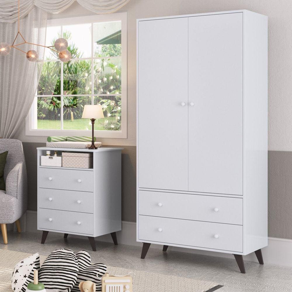 Quarto de Bebê Completo Roupeiro 2 Portas 2 Gavetas com Cômoda 3 Gavetas 1 Nicho Nuvem Móveis Percas Branco