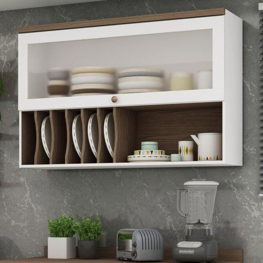 Armário Aéreo Para Cozinha com Porta de Vidro Provençal Iluminata Genialflex Branco Fosco